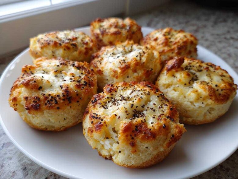 A plate of freshly baked, golden-brown High-Protein Cottage Cheese Bagel Bites topped with poppy seeds.