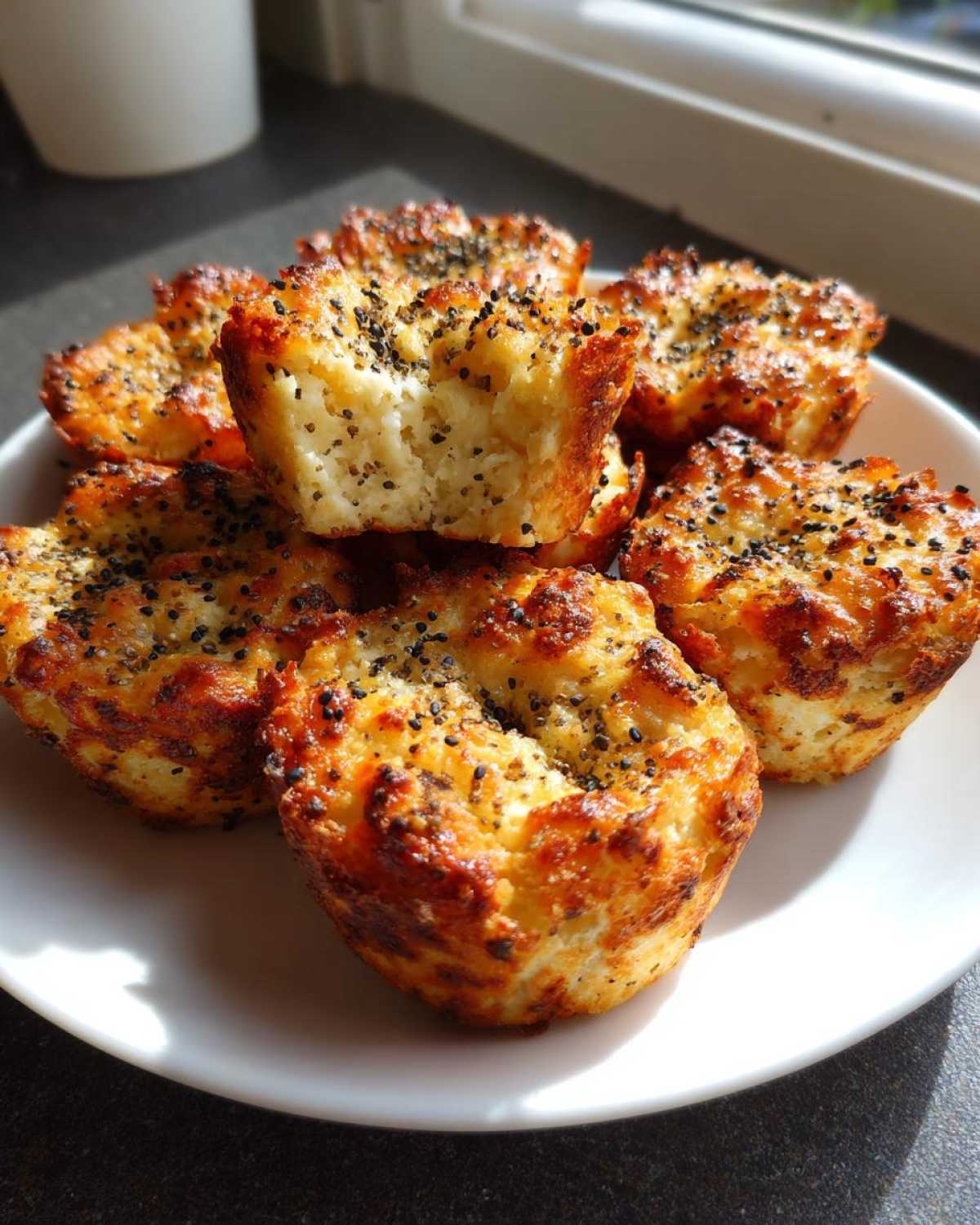 A stack of golden-brown High-Protein Cottage Cheese Bagel Bites topped with black seeds on a white plate.