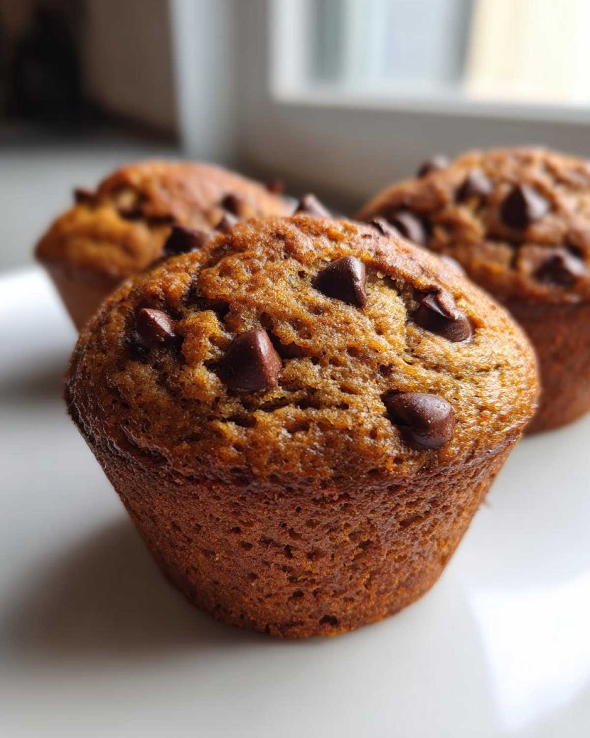 Three golden brown Homemade Chocolate Chip Muffins with visible chocolate chips on top, arranged on a white surface.