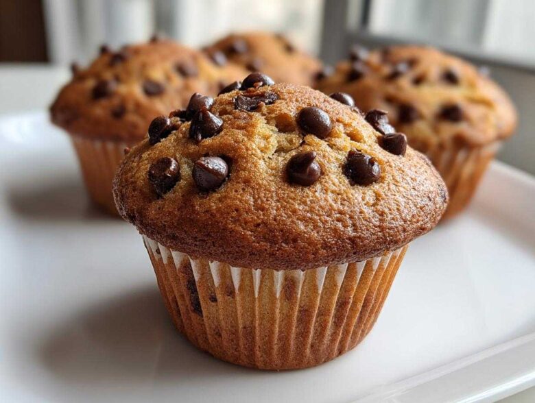 A close-up of a perfectly domed Homemade Chocolate Chip Muffins, studded with melted chocolate chips, sitting on a white plate.