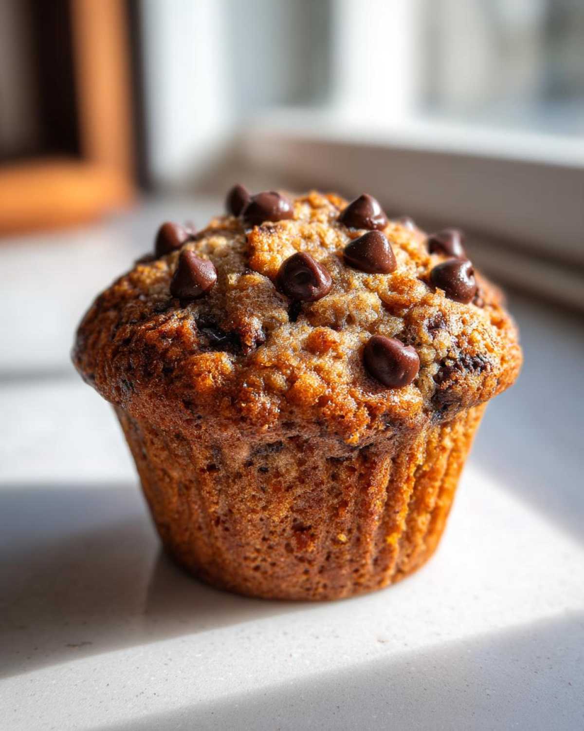 A close-up of a perfectly baked Homemade Chocolate Chip Muffins, topped with melted chocolate chips, sitting on a bright counter.