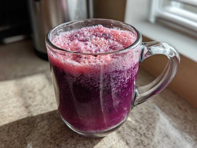 Close-up of a vibrant, deep purple Iced Blueberry Lemonade Slush with frothy pink foam in a clear glass mug.