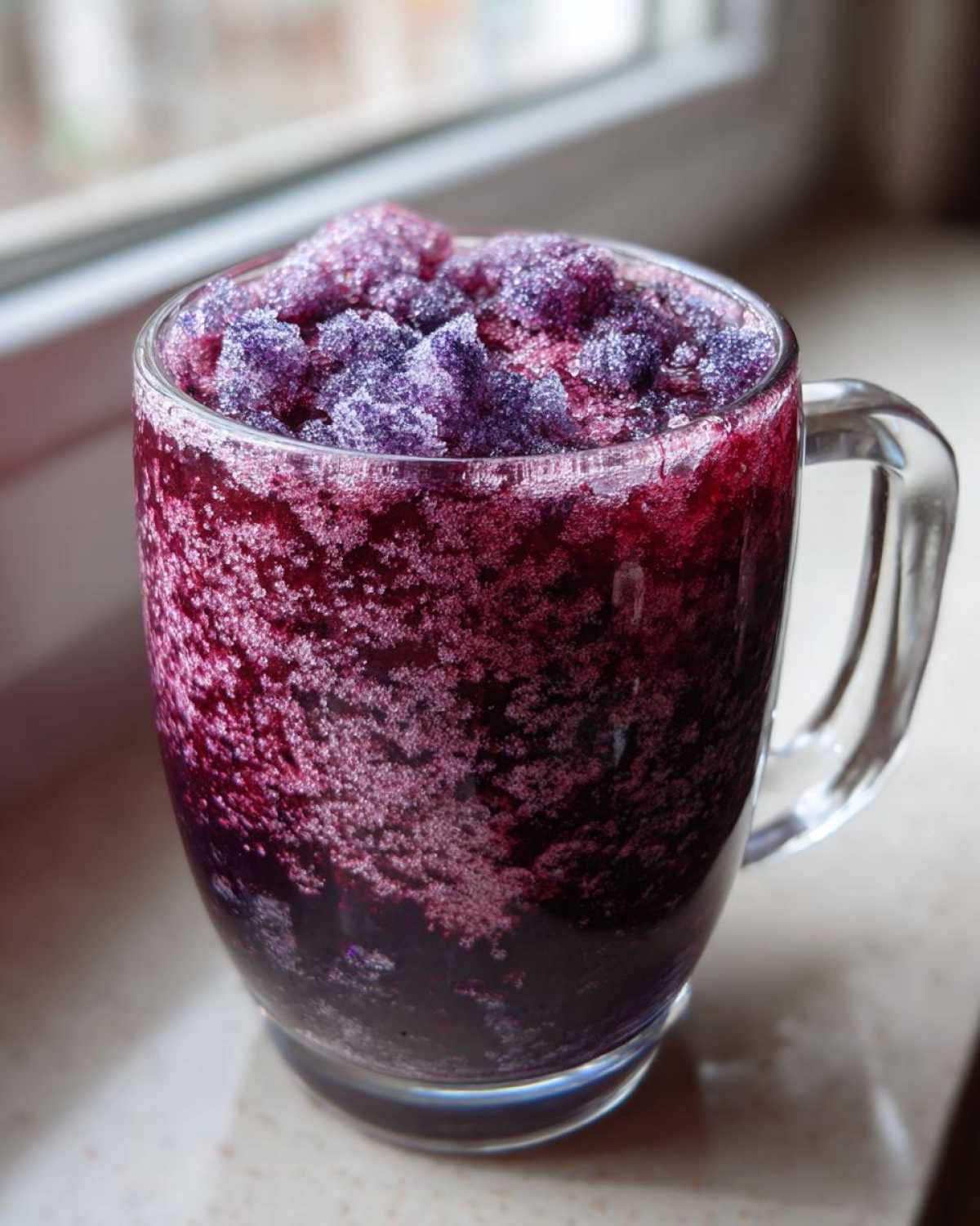 A close-up of a vibrant, deep purple Iced Blueberry Lemonade Slush filling a clear glass mug, topped with icy crystals.