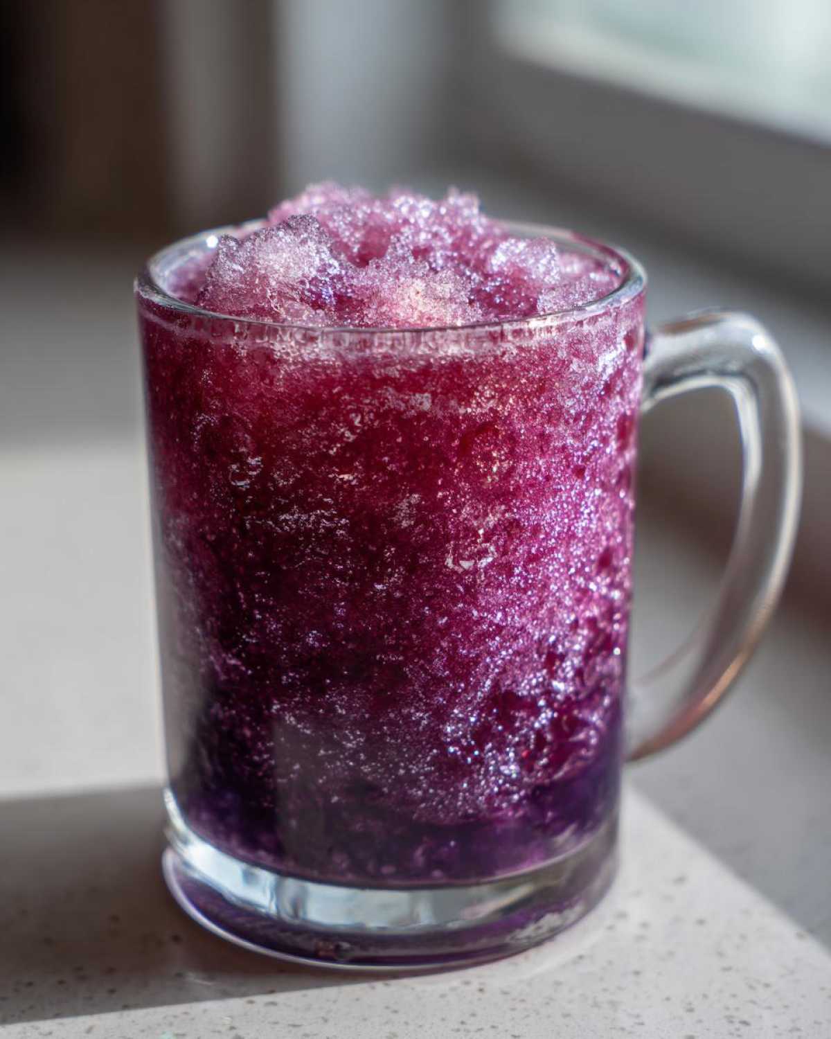 Close-up of a vibrant, deep purple Iced Blueberry Lemonade Slush filling a clear glass mug.