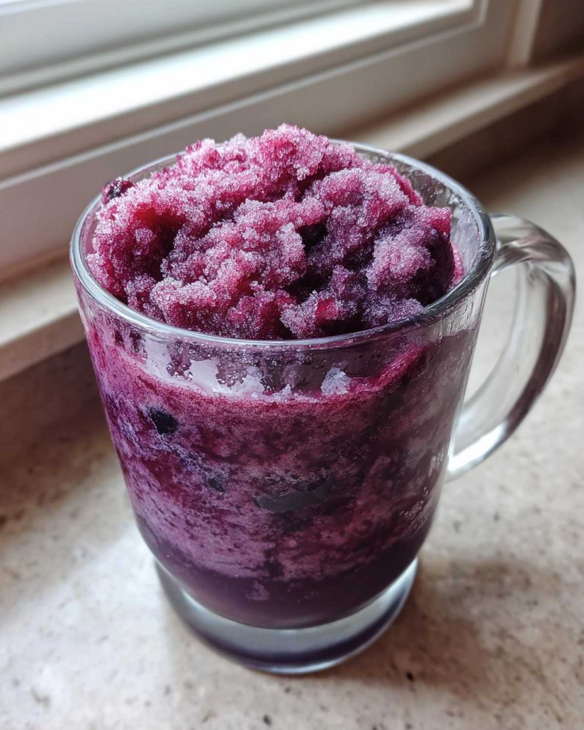 A clear glass mug filled high with vibrant, icy Iced Blueberry Lemonade Slush, showing a granular, frozen texture.