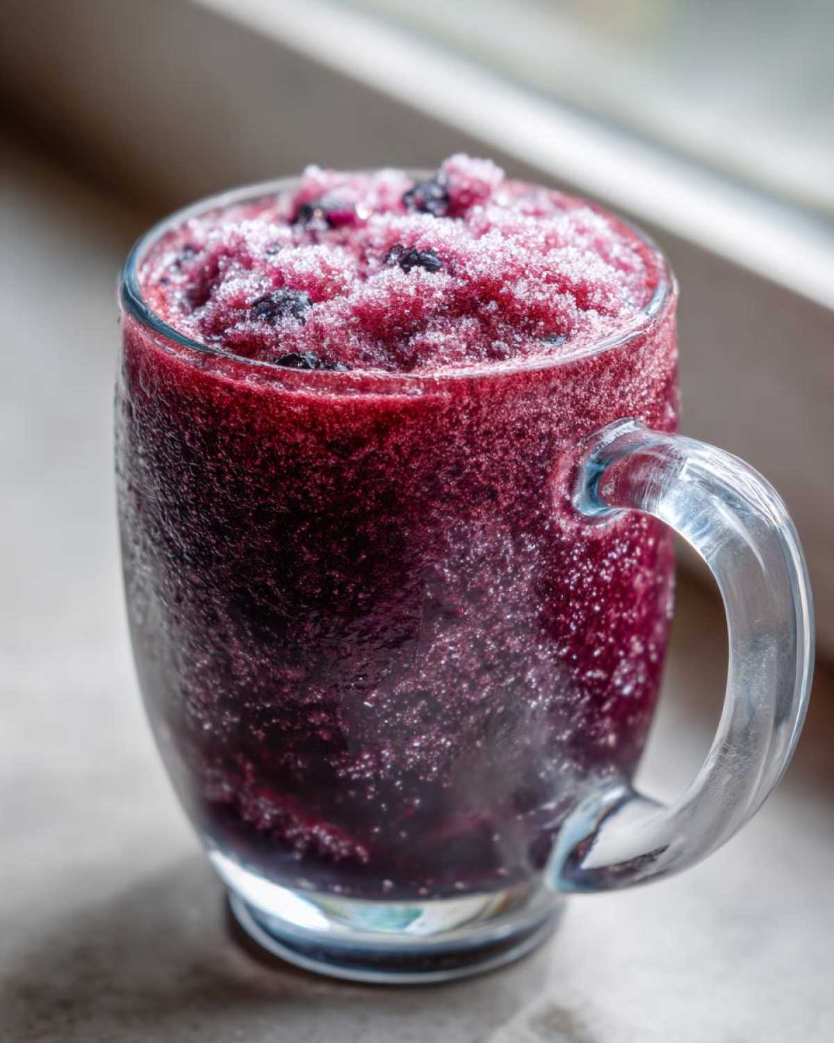 A close-up of a frosty glass mug filled with a vibrant purple Iced Blueberry Lemonade Slush, topped with crushed ice and blueberries.
