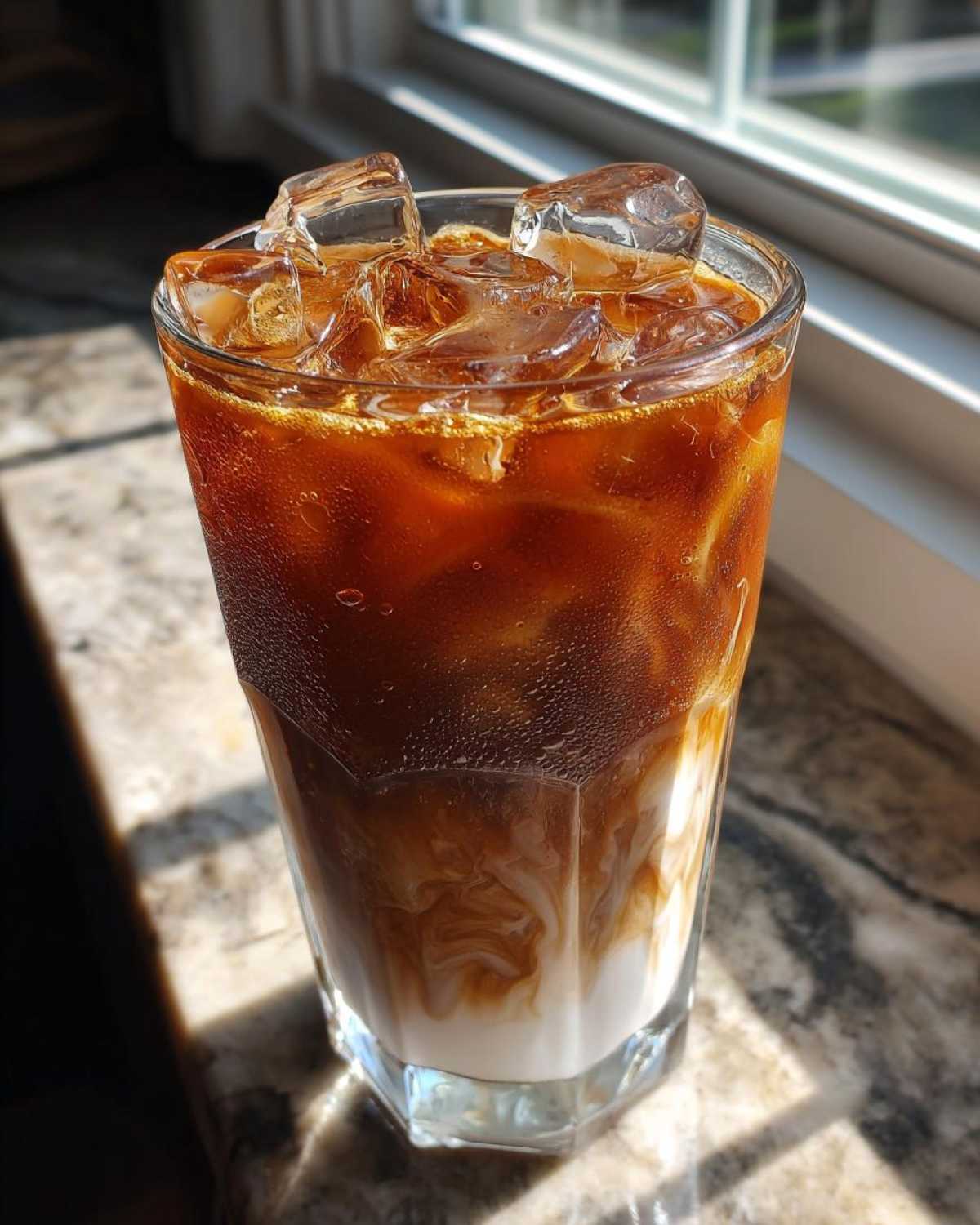 A tall glass filled with Iced Brown Sugar Cinnamon Cold Brew, showing layers of milk and coffee with ice cubes.