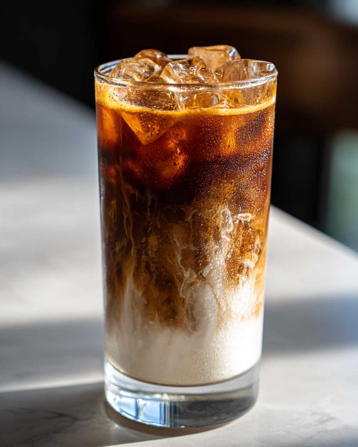 A tall glass filled with Iced Brown Sugar Cinnamon Cold Brew, showing layers of dark coffee mixing with white milk over ice cubes.