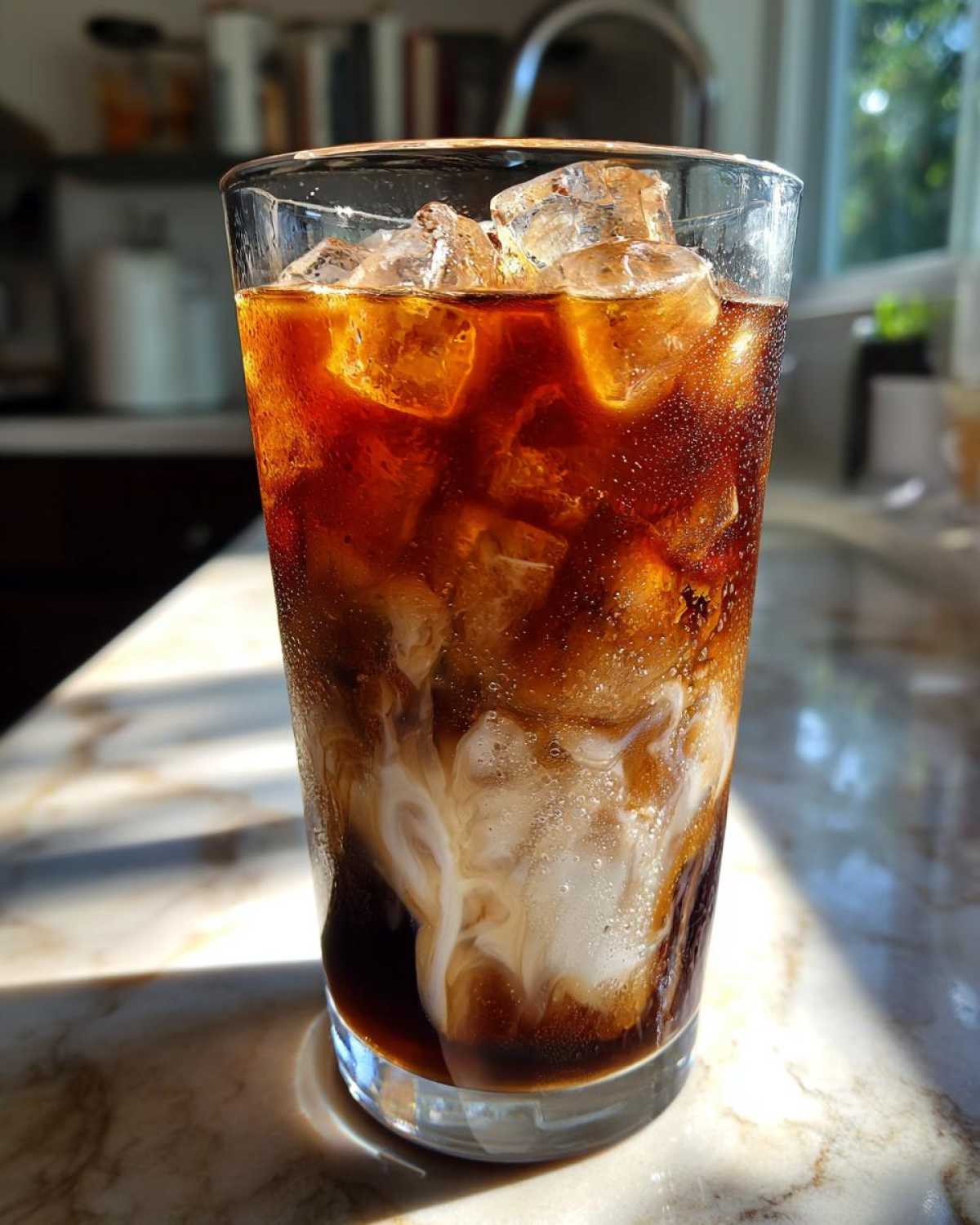 Close-up of Iced Brown Sugar Cinnamon Cold Brew with ice cubes and cream swirling into the dark coffee.