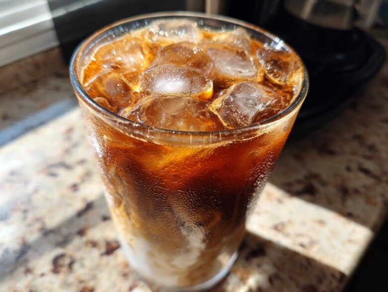 Close-up of Iced Brown Sugar Cinnamon Cold Brew layered with milk and filled with ice cubes, showing condensation.