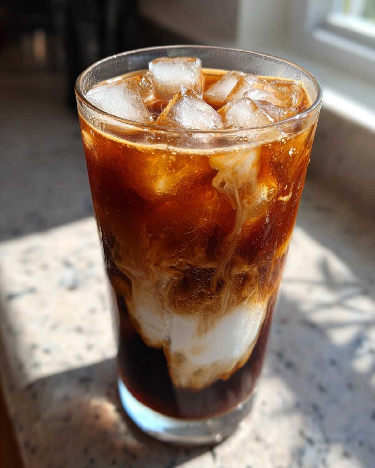 A tall glass of Iced Brown Sugar Cinnamon Cold Brew with ice cubes and cream swirling into the dark coffee.