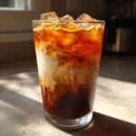 A tall glass of Iced Brown Sugar Cinnamon Cold Brew with cream swirling into the dark coffee over ice.