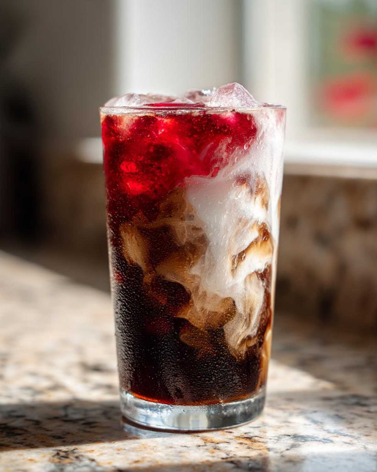 A tall glass filled with Iced Cherry Vanilla Cold Brew, showing layers of dark coffee, swirling cream, and bright red cherry syrup over ice.