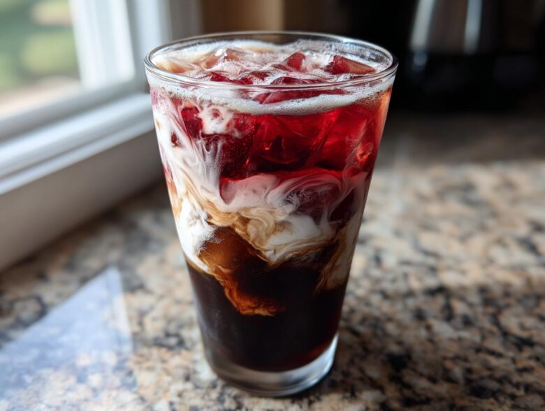 A tall glass showing distinct layers of dark cold brew, creamy white vanilla swirl, and bright red cherry syrup in an Iced Cherry Vanilla Cold Brew.
