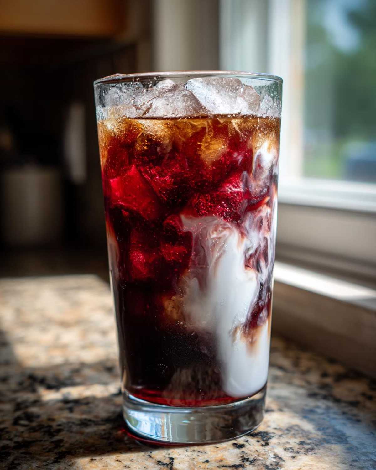 Close-up of Iced Cherry Vanilla Cold Brew with dark cherry syrup and white cream swirling into cold brew coffee over ice.