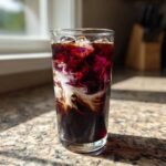 A tall glass of Iced Cherry Vanilla Cold Brew showing beautiful swirls of dark coffee, white cream, and vibrant purple cherry syrup over ice.