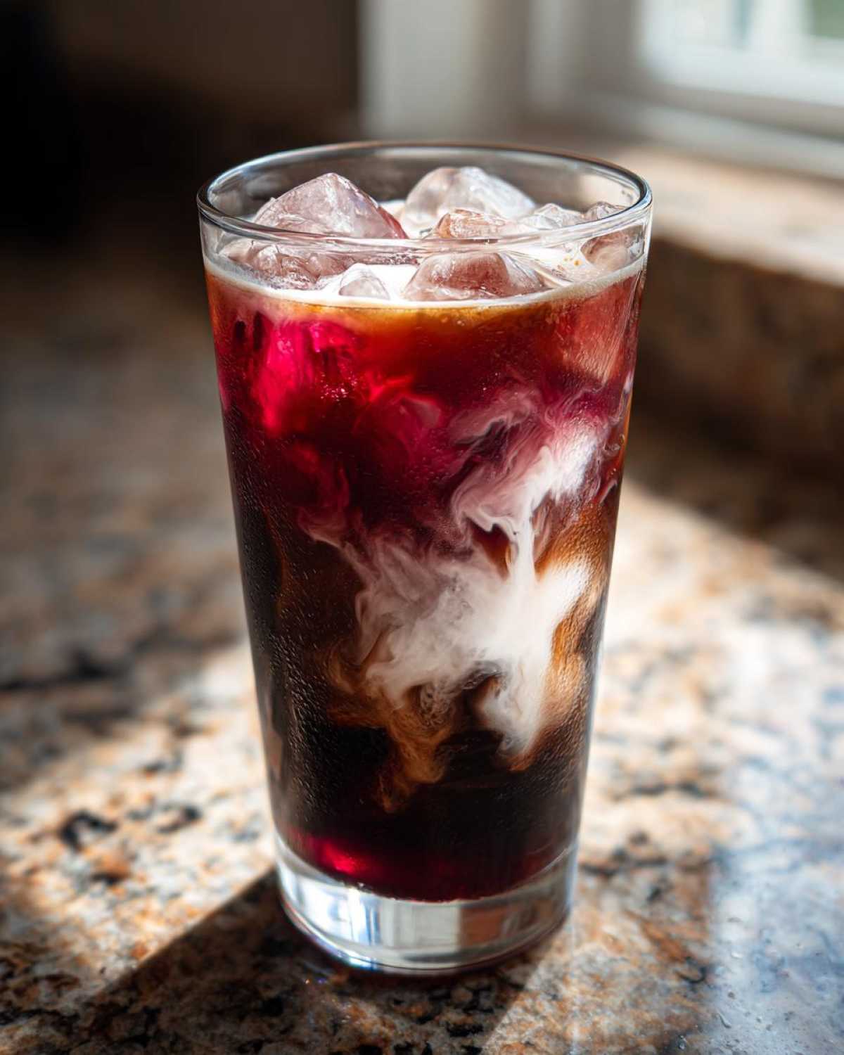 A tall glass of Iced Cherry Vanilla Cold Brew showing dark coffee, bright red cherry syrup, and white cream swirling together over ice.