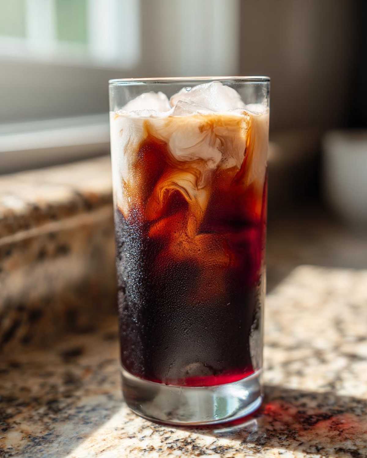 A tall glass of Iced Cherry Vanilla Cold Brew showing dark coffee mixing with cream over ice.
