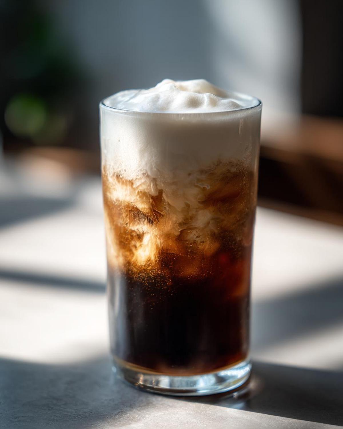 A tall glass filled with an Iced Coconut Mocha with Cold Foam, showing rich dark coffee mixing with the white foam topping.