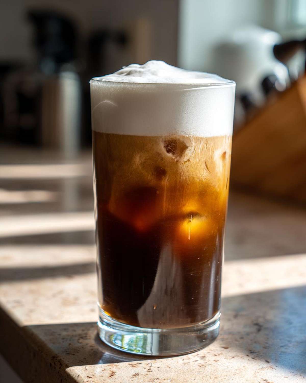 Tall glass of Iced Coconut Mocha with Cold Foam topped with thick white foam.