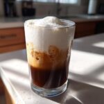 Close-up of an Iced Coconut Mocha with Cold Foam showing distinct layers of dark coffee and thick white foam.