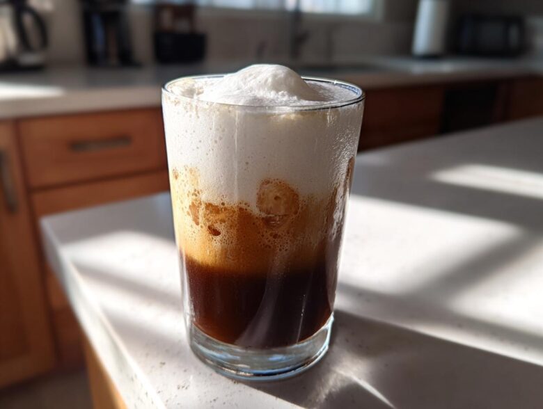 Close-up of an Iced Coconut Mocha with Cold Foam showing distinct layers of dark coffee and thick white foam.