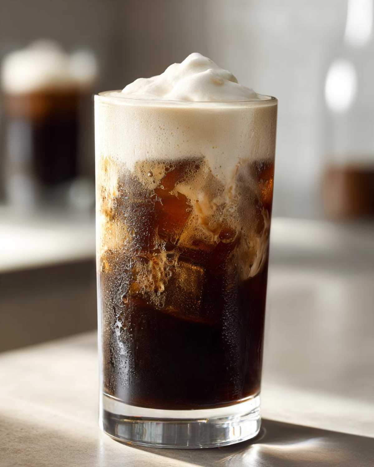 Close-up of a tall glass filled with an Iced Coconut Mocha with Cold Foam, showing dark coffee, ice cubes, and a thick layer of white foam.