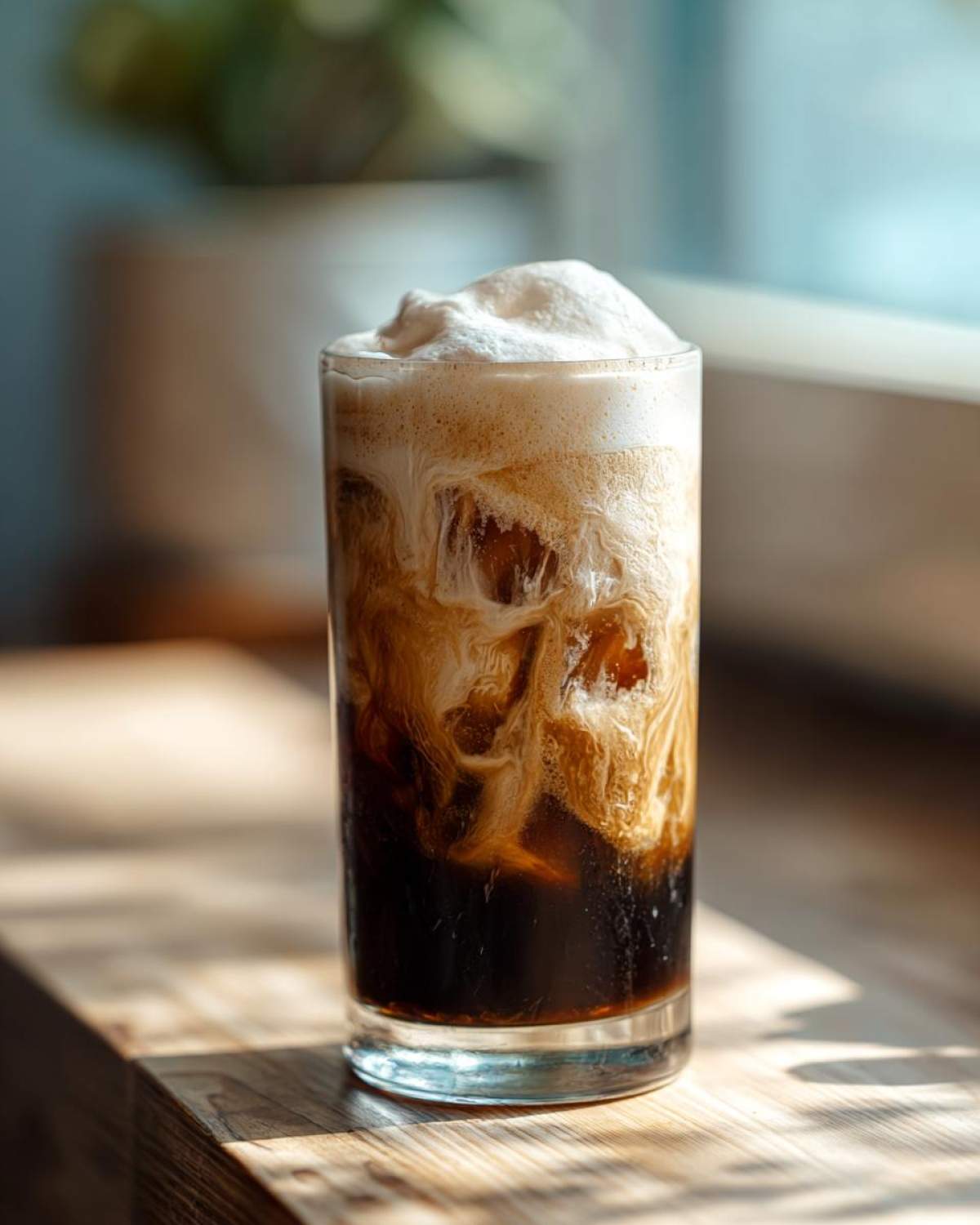 A tall glass of Iced Coconut Mocha with Cold Foam showing rich swirls of cream mixing with dark coffee over ice.