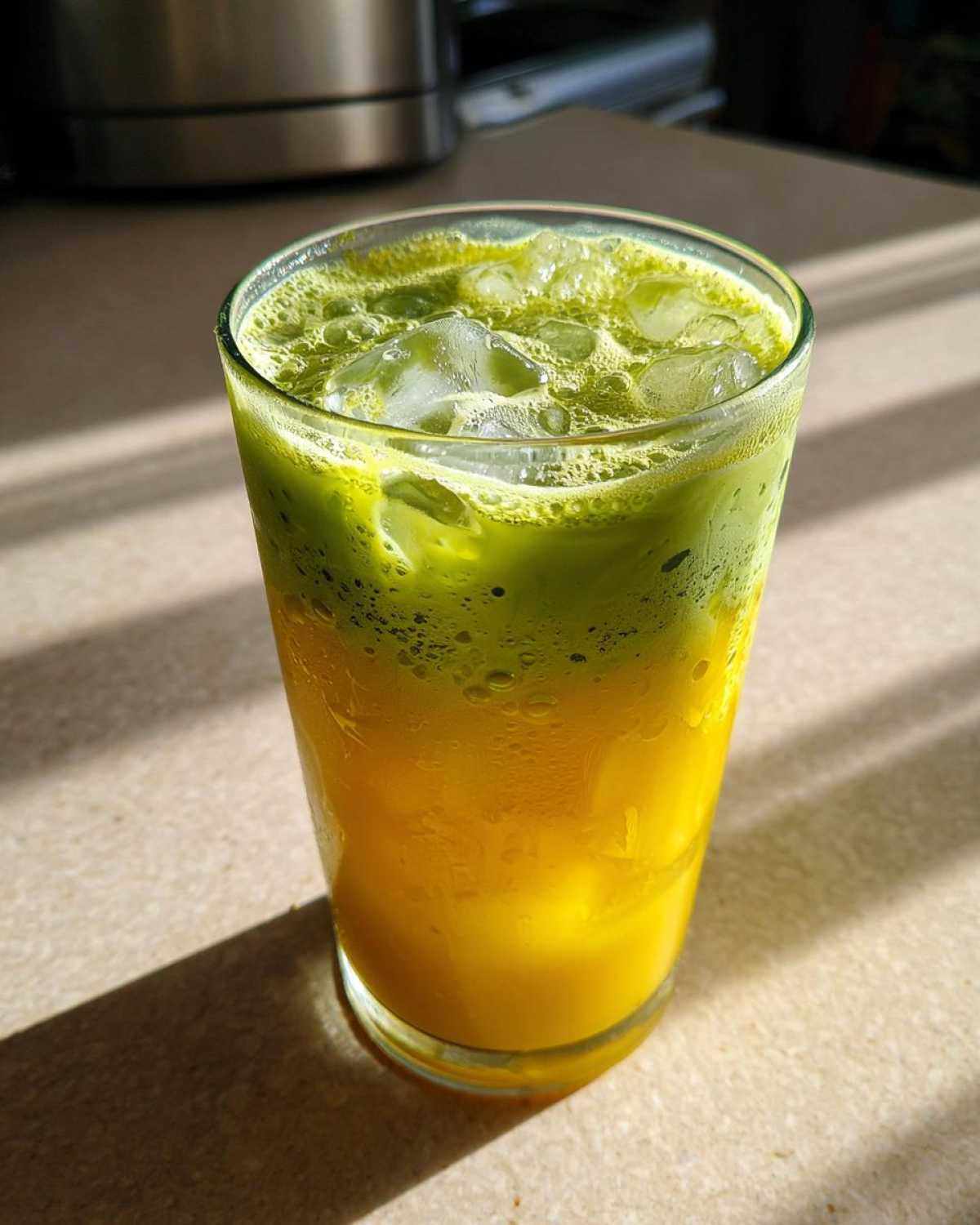 Close-up of a tall glass containing a layered Iced Matcha Pineapple Refresher with bright yellow juice below and vibrant green matcha foam over ice.