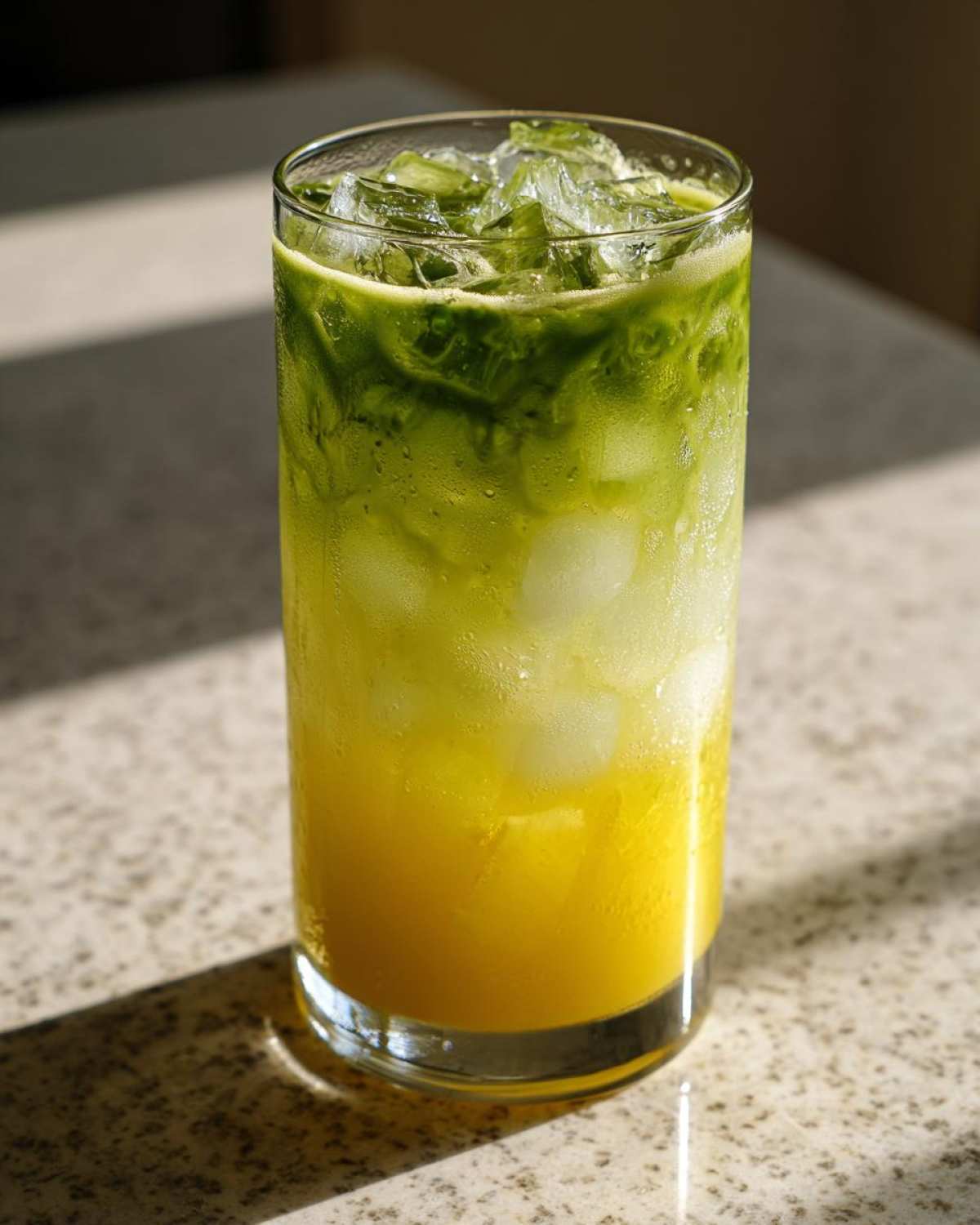 A tall glass filled with a layered Iced Matcha Pineapple Refresher, showing yellow pineapple juice below and green matcha tea floating over ice.
