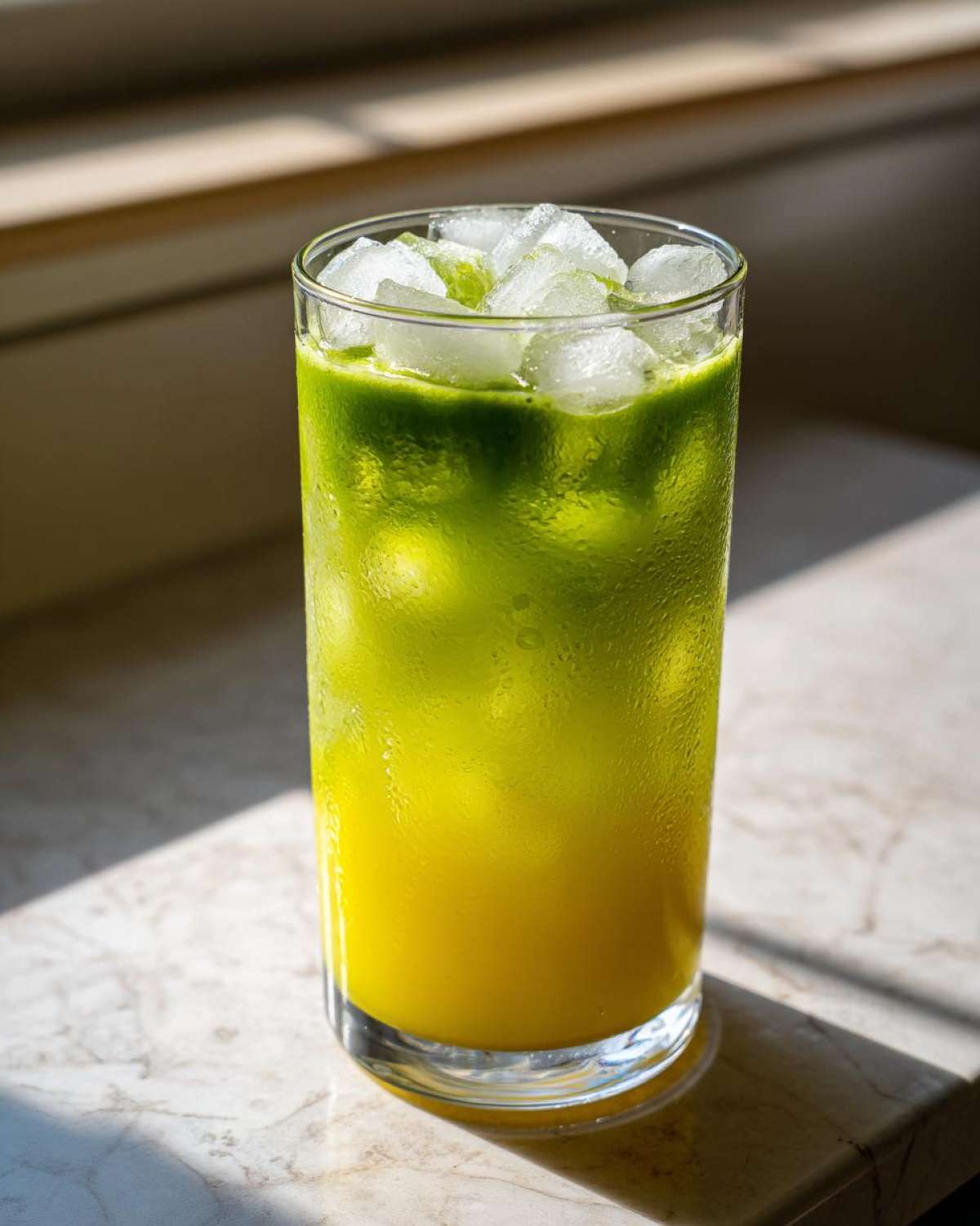 A tall glass of Iced Matcha Pineapple Refresher showing vibrant yellow and green layers, topped with ice.