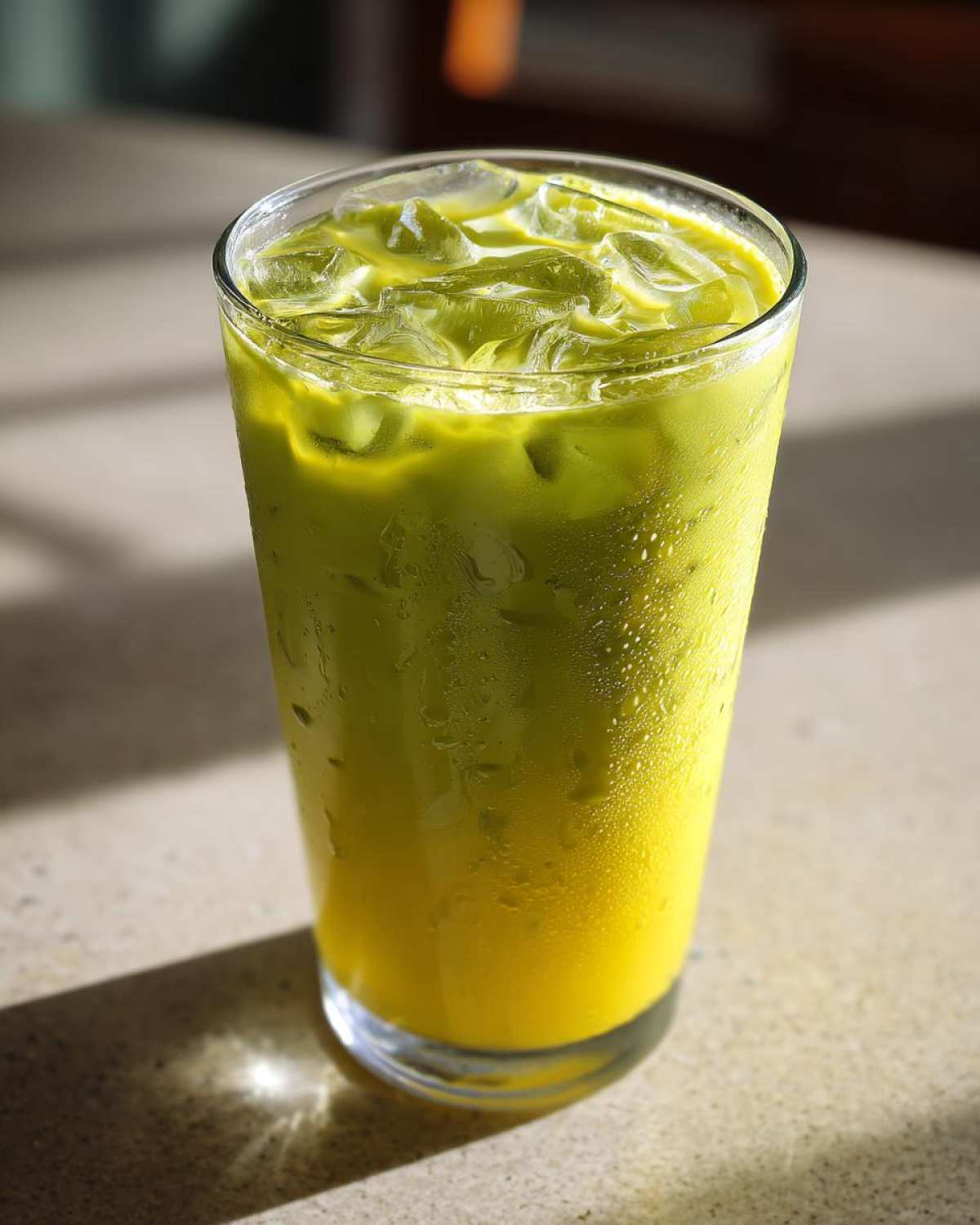 A tall glass filled with a layered Iced Matcha Pineapple Refresher, showing bright yellow pineapple juice at the bottom and green matcha on top, covered in condensation.