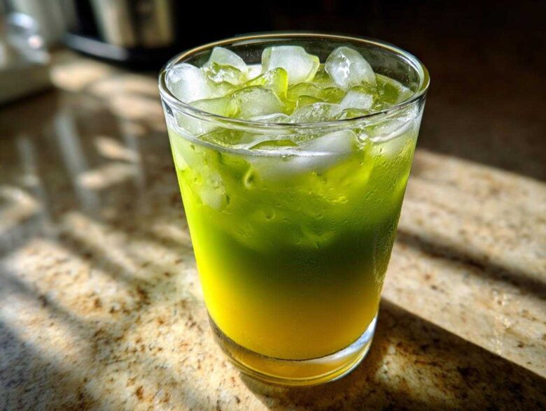 A tall glass filled with a layered Iced Matcha Pineapple Refresher, showing bright yellow pineapple juice below vibrant green matcha, topped with ice.