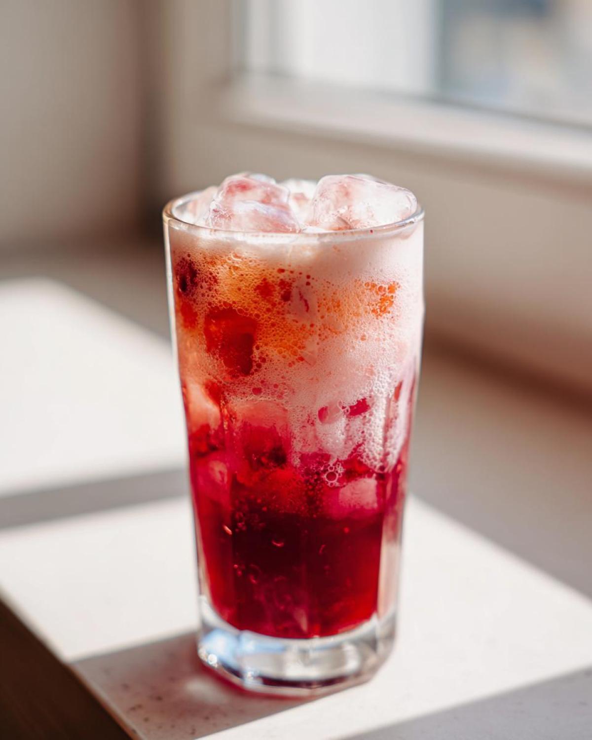 A tall glass filled with vibrant Iced Raspberry Vanilla Chai, layered with deep red liquid, foam, and ice cubes, sitting in sunlight.