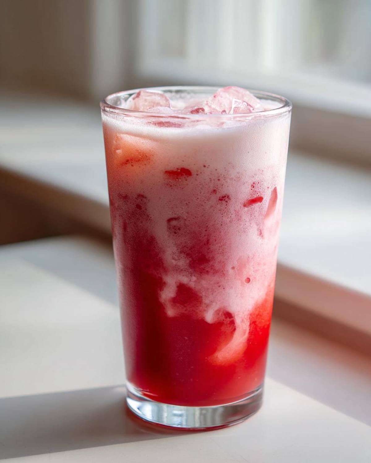 Close-up of a tall glass filled with vibrant red Iced Raspberry Vanilla Chai, showing layers of pink foam and ice cubes.