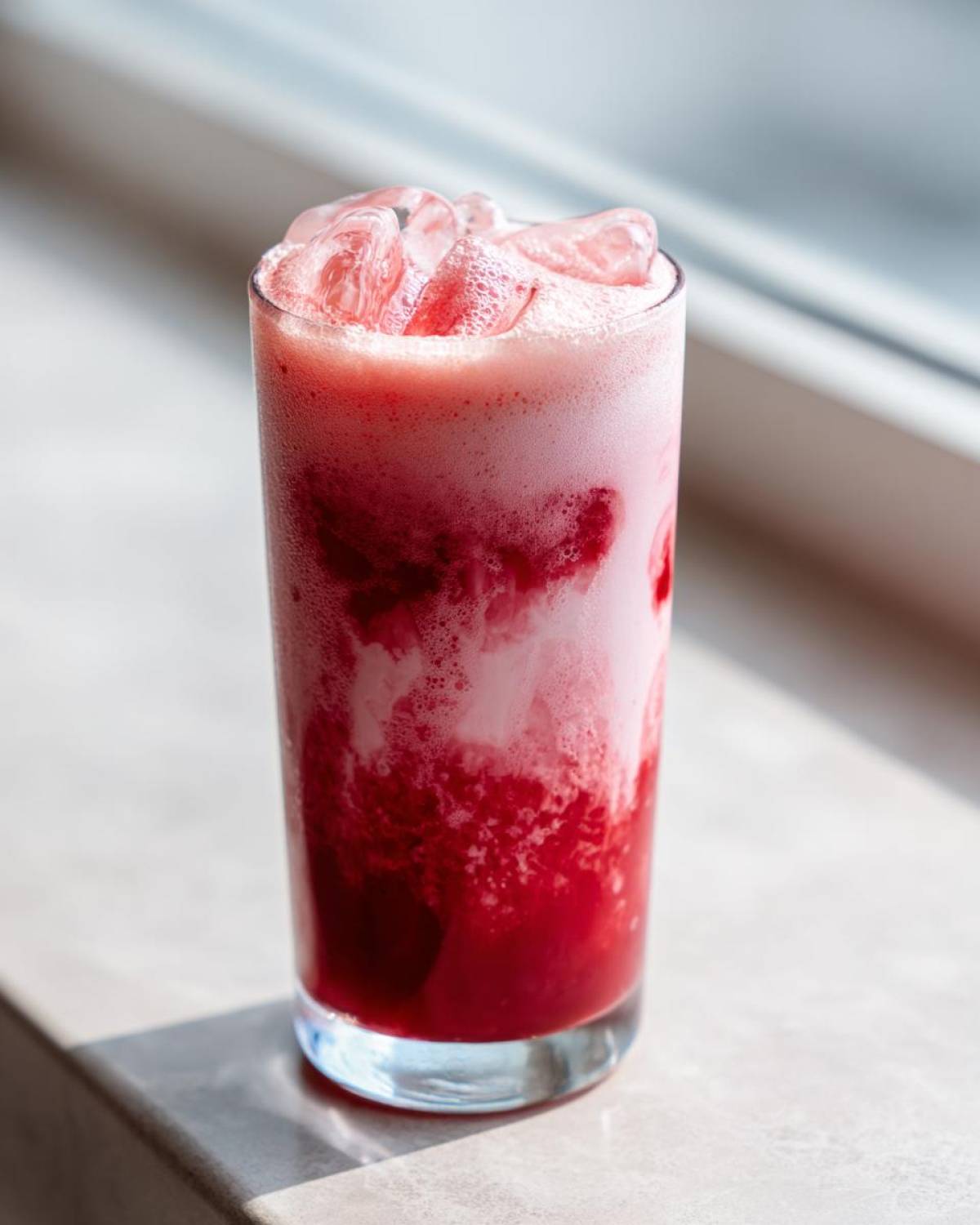 A tall glass filled with a layered Iced Raspberry Vanilla Chai, showing vibrant red raspberry syrup mixing with creamy foam and ice.