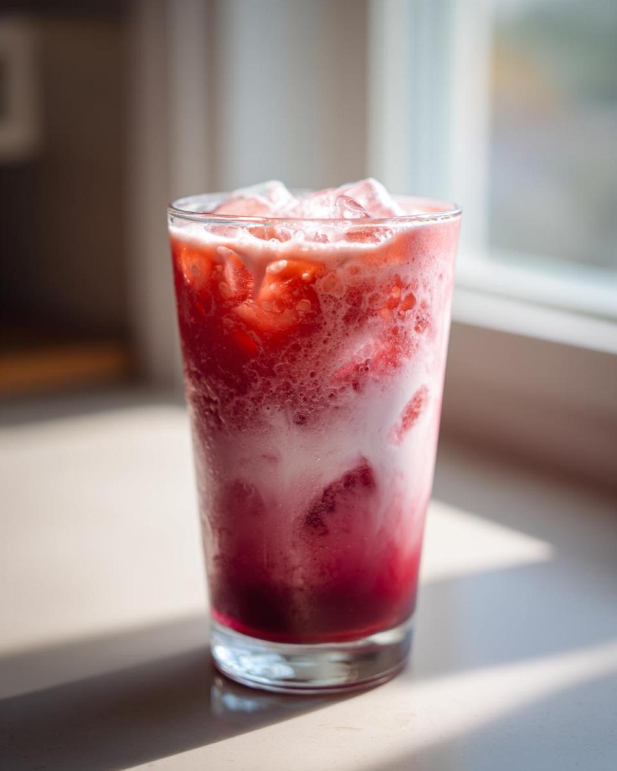 A tall glass filled with vibrant Iced Raspberry Vanilla Chai, showing layers of bright red syrup and creamy white milk over ice.