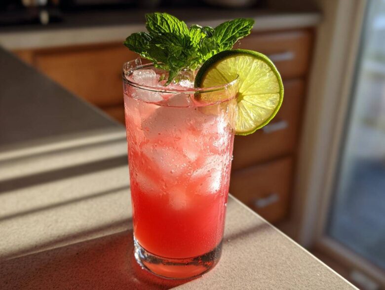 A tall glass filled with a vibrant pink Iced Watermelon Lime Cooler, ice, and garnished with fresh mint and a lime wheel.