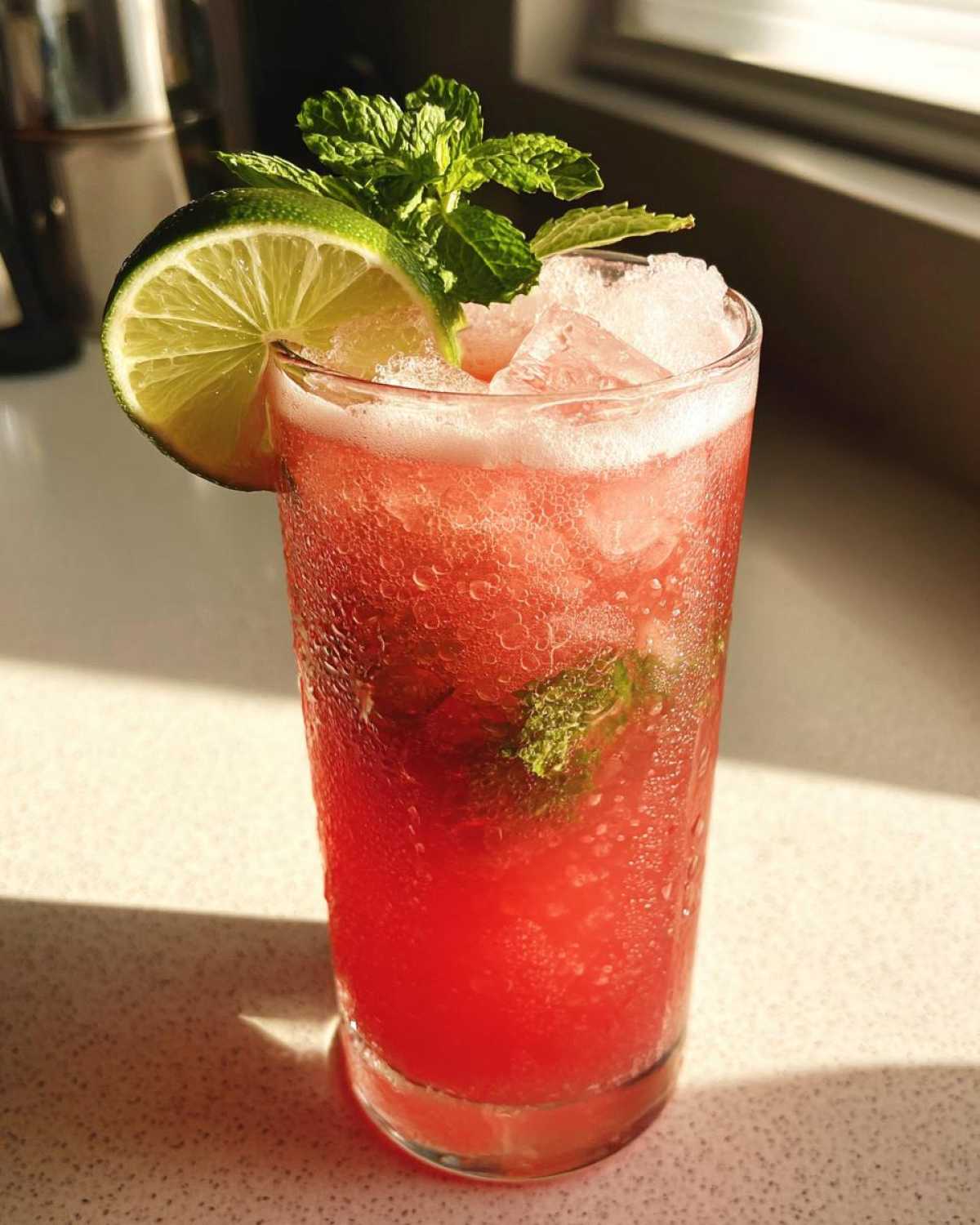 A tall, sweating glass filled with a vibrant red Iced Watermelon Lime Cooler, garnished with a lime wheel and fresh mint.