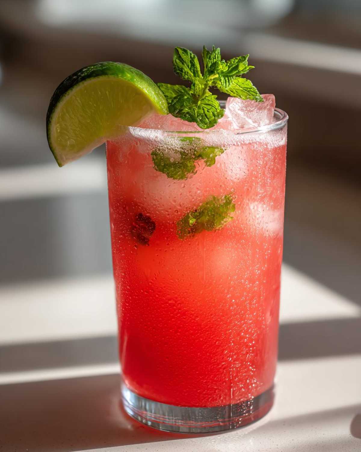 A tall glass of bright red Iced Watermelon Lime Cooler filled with ice, garnished with a lime wedge and fresh mint.