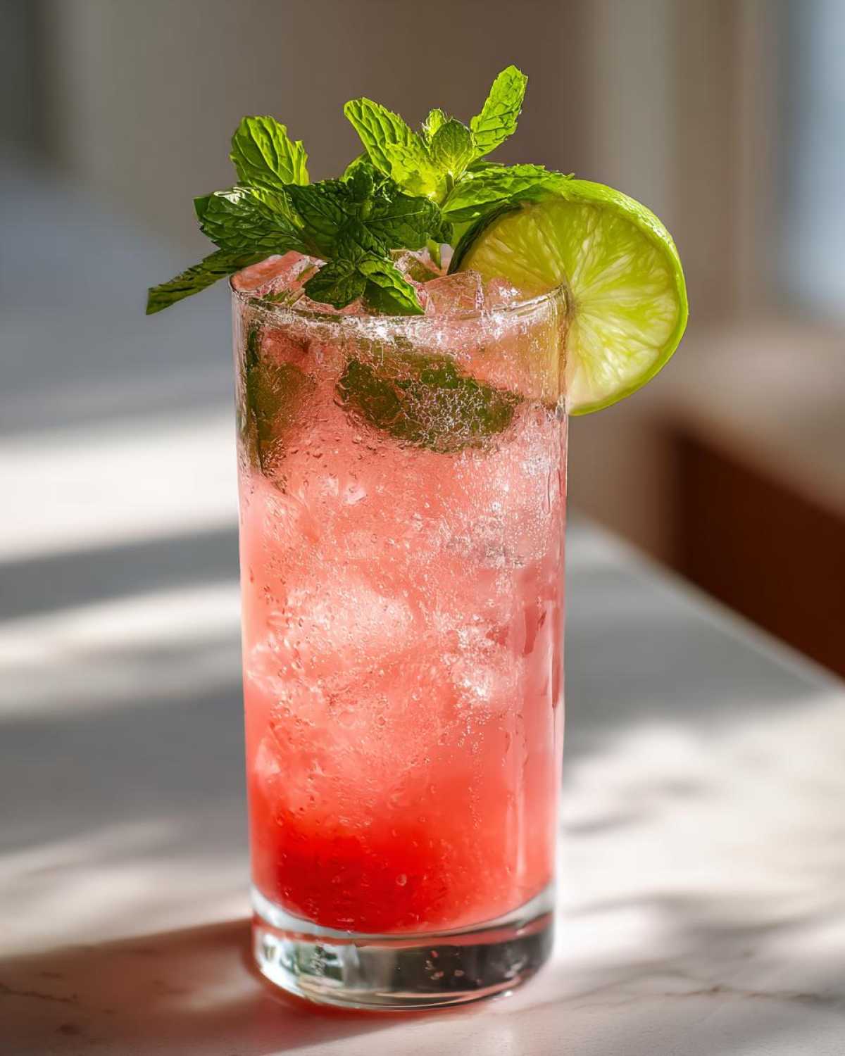 Close-up of a tall glass filled with a vibrant Iced Watermelon Lime Cooler, garnished with fresh mint and a lime wheel.