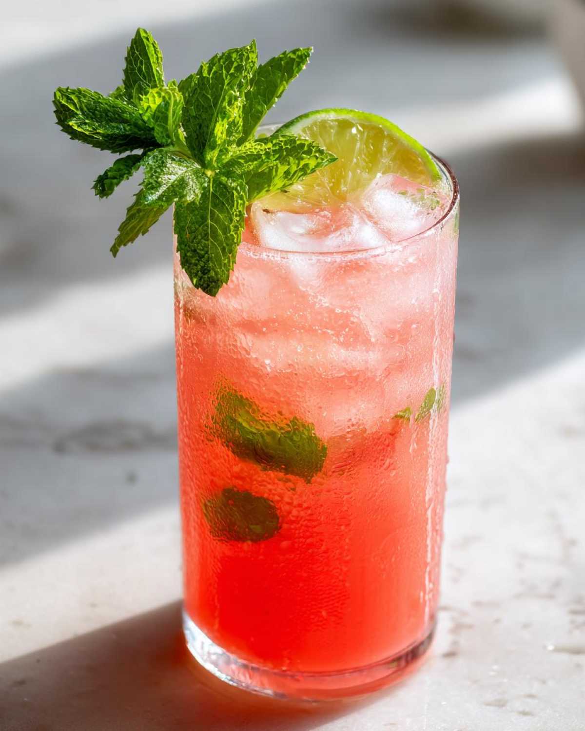 Close-up of a tall glass filled with a vibrant pink Iced Watermelon Lime Cooler, garnished with fresh mint and a lime wheel.
