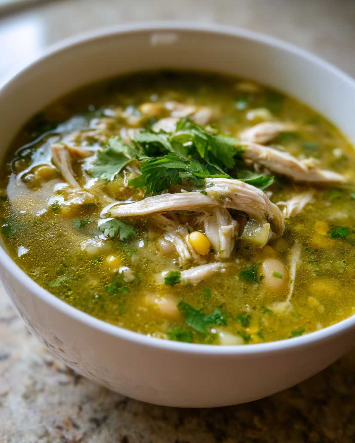 Close-up of a white bowl filled with vibrant green Instant Pot Chicken Pozole Verde, topped with shredded chicken and fresh cilantro.