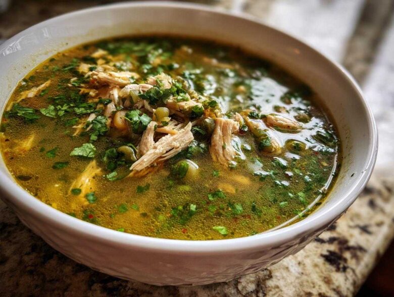 Close-up of a white bowl filled with rich, green broth, shredded chicken, and fresh cilantro for Instant Pot Chicken Pozole Verde.