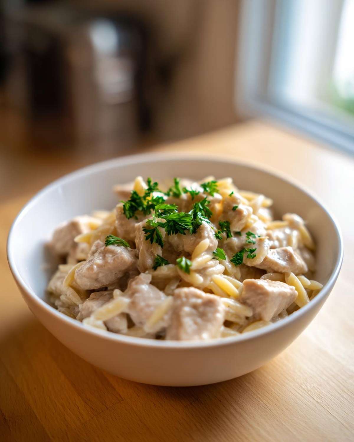 A white bowl filled with Instant Pot Creamy Chicken and Orzo, topped with fresh parsley.