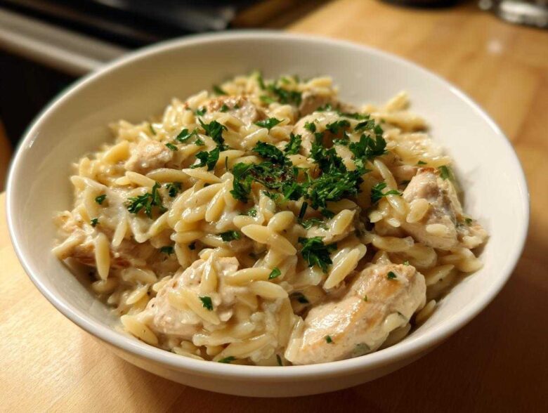A close-up of a white bowl filled with Instant Pot Creamy Chicken and Orzo, topped with fresh parsley.