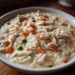 Close-up of a hearty bowl of Instant Pot Creamy Chicken and Rice Soup with visible shredded chicken, rice, carrots, and peas.