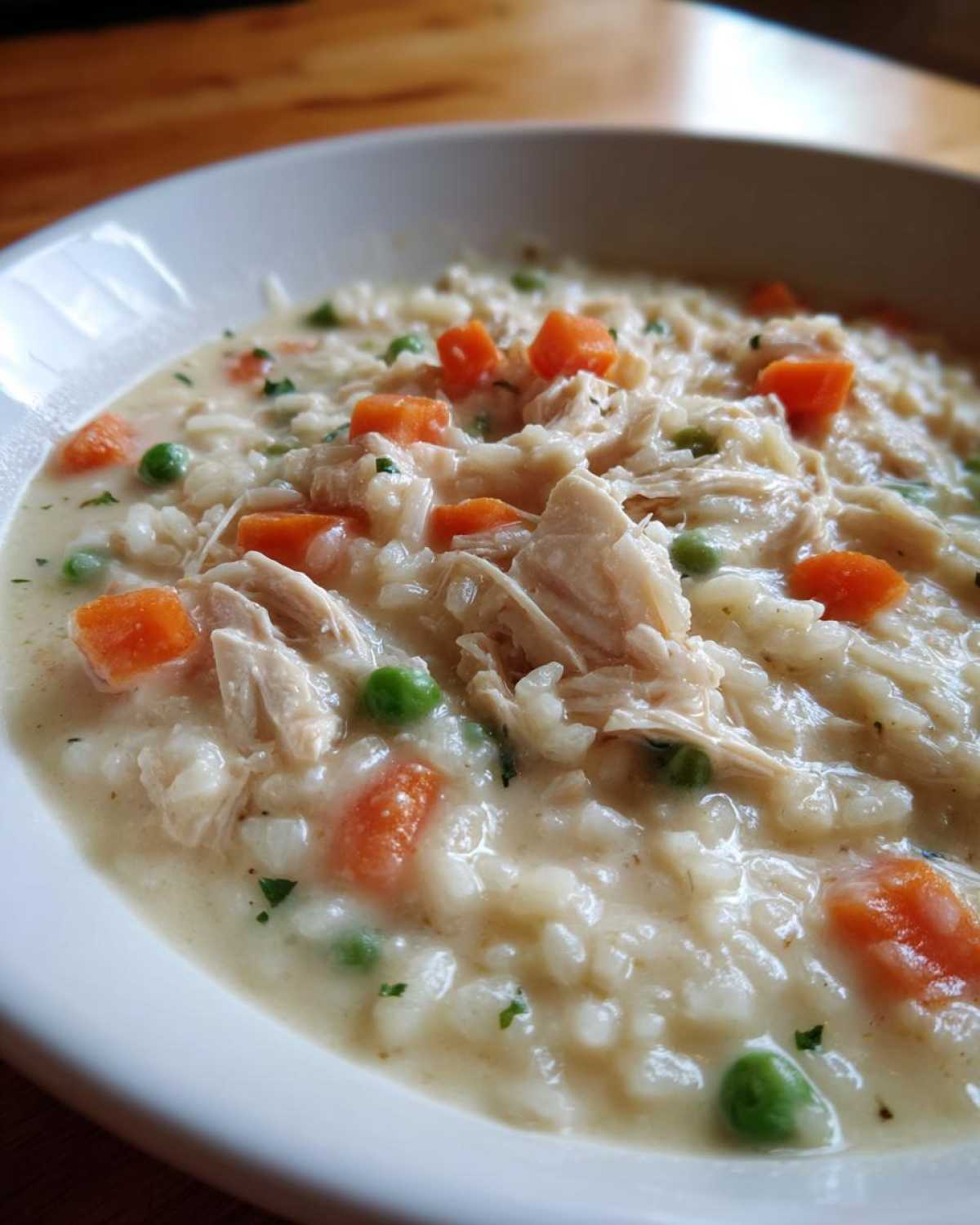 A close-up of a white bowl filled with Instant Pot Creamy Chicken and Rice Soup, showing shredded chicken, rice, carrots, and peas.
