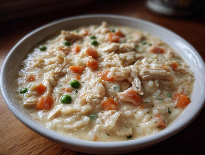 Close-up of a hearty bowl of Instant Pot Creamy Chicken and Rice Soup with visible shredded chicken, rice, carrots, and peas.