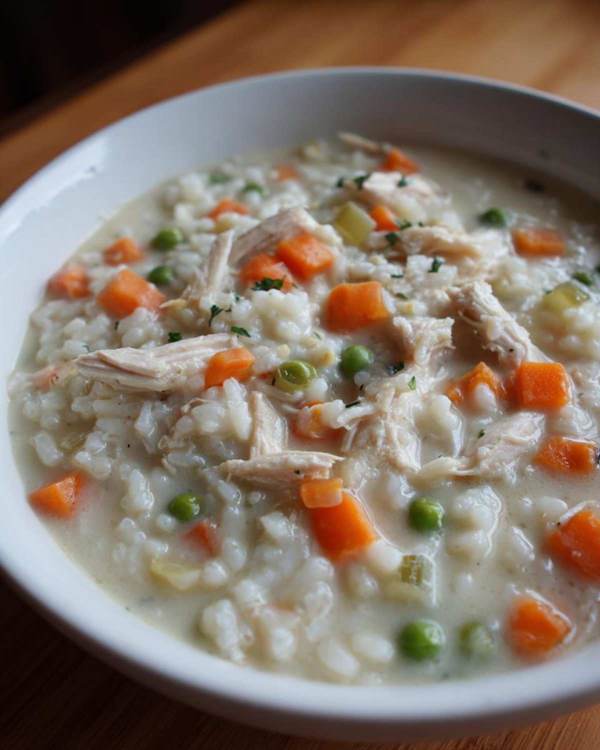 A close-up of a white bowl filled with Instant Pot Creamy Chicken and Rice Soup, showing shredded chicken, rice, carrots, and peas in a creamy broth.